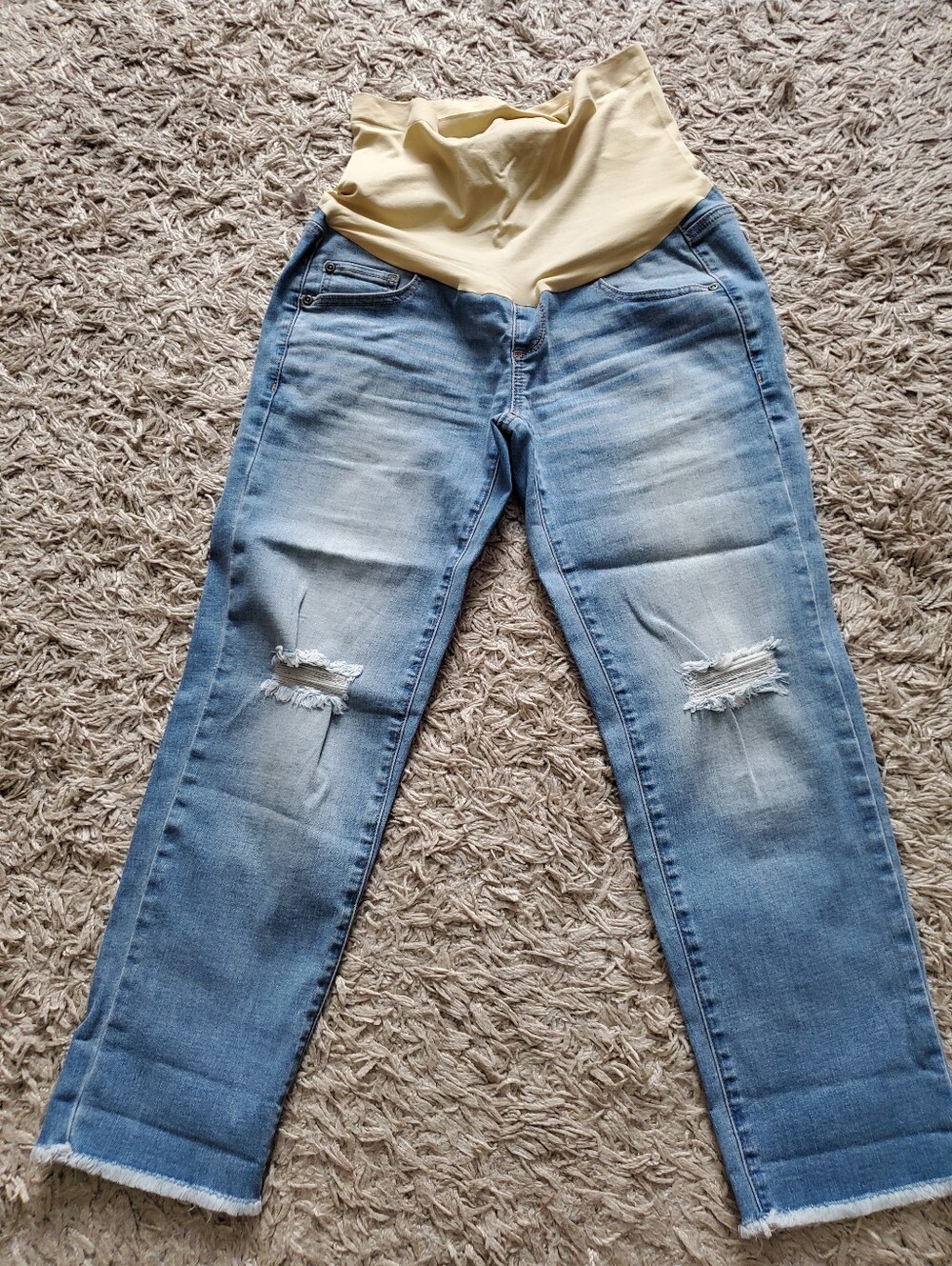a:glow Light Blue Distressed Maternity Crop Jeans with Beige Panel